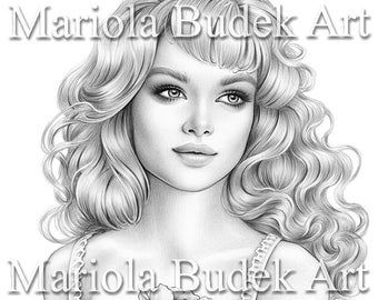 Morning Dew | Mariola Budek - Premium Coloring Page | Printable Adult Women Colouring Pages Book Instant Download Grayscale Ilustration PDF