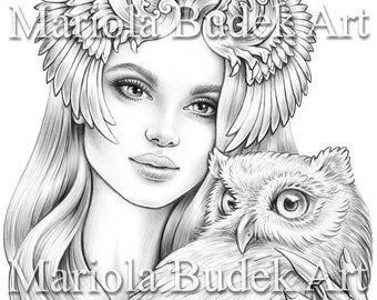 Night Hunter | Mariola Budek - Premium Coloring Page | Printable Adult Animal Colouring Pages Book Instant Download Grayscale Illustration