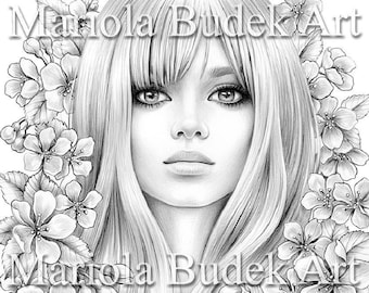 Cherry Lady | Mariola Budek - Premium Coloring Page | Printable Adult Flowers Colouring Pages Book Download Grayscale Illustration PDF