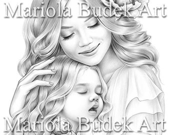 My Little Angel | Mariola Budek - Premium Coloring Page | Printable Adult Women Colouring Pages Book Instant Download Grayscale Ilustration