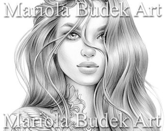 Yasmine | Mariola Budek - Premium Coloring Page | Printable Adult Tattoo Colouring Pages Book Instant Download Grayscale Illustration PDF