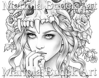 Pearl in Roses | Mariola Budek - Premium Coloring Page | Printable Adult Colouring Pages Book Instant Download Grayscale Illustration PDF