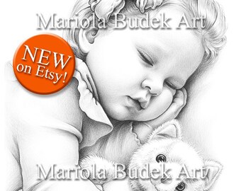 Little Happiness | Mariola Budek - Premium Coloring Page | Printable Adult Kids Colouring Pages Book Download Grayscale Ilustration PDF JPG