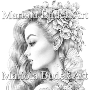 Maria | Mariola Budek - Premium Coloring Page | Printable Adult Women Cute Colouring Pages Book Instant Download Grayscale Illustration PDF
