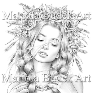 Raccolto / Mariola Budek - Pagina da colorare premium / Libro da colorare di fiori per donne adulte stampabile Scarica illustrazione in scala di grigi PDF