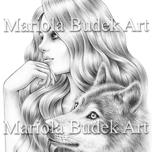 She Wolf | Mariola Budek - Premium Coloring Page | Printable Adult Animal Colouring Pages Book Instant Download Grayscale Illustration PDF