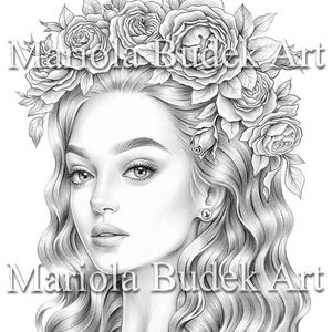 Spring is in the Air | Mariola Budek - Premium Coloring Page | Printable Adult Women Coloring Pages Book Download Grayscale Illustration PDF