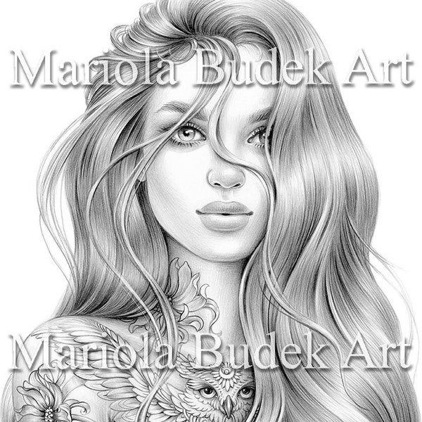 Yasmine | Mariola Budek - Premium Coloring Page | Printable Adult Tattoo Colouring Pages Book Instant Download Grayscale Illustration PDF