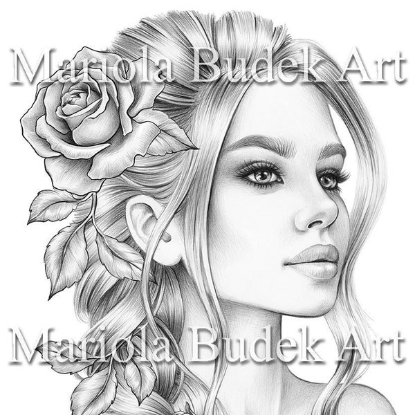 Martha | Mariola Budek - Premium Coloring Page | Printable Adult Women Colouring Pages Book Instant Download Grayscale Illustration PDF JPG