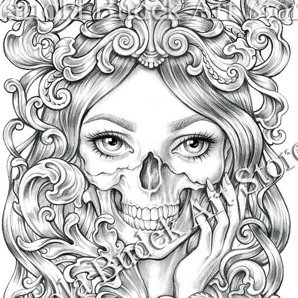 Skull | Mariola Budek - Premium Coloring Page | Printable Adult Colouring Pages Book Instant Download Grayscale Illustration PDF