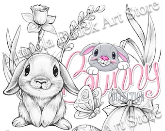 Puede incluir: Una ilustración en blanco y negro de un conejo con una mariposa rosa y un huevo de Pascua decorado. La palabra "Bunny" está escrita en rosa con las palabras "Collection" debajo.