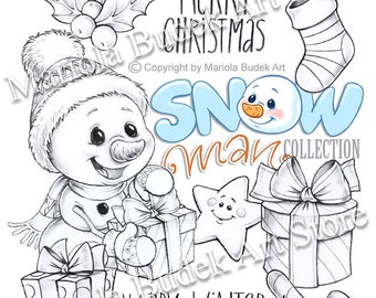 Snowman Collection - Gift | Mariola Budek - Digital Stamp | Page Digi Stamp Digistamp Clip Art Card Making Craft Tools Snowman Christmas