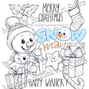 Coleção Boneco de Neve - Presente | Mariola Budek - Selo Digital | Página Digi Stamp Digistamp Clip Art Card Making Ferramentas artesanais Boneco de neve Natal