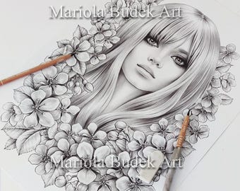 Cherry Lady | Mariola Budek - Premium kleurplaat | Afdrukbare kleurplaten bloemen voor volwassenen Boek Download grijswaardenillustratie-pdf