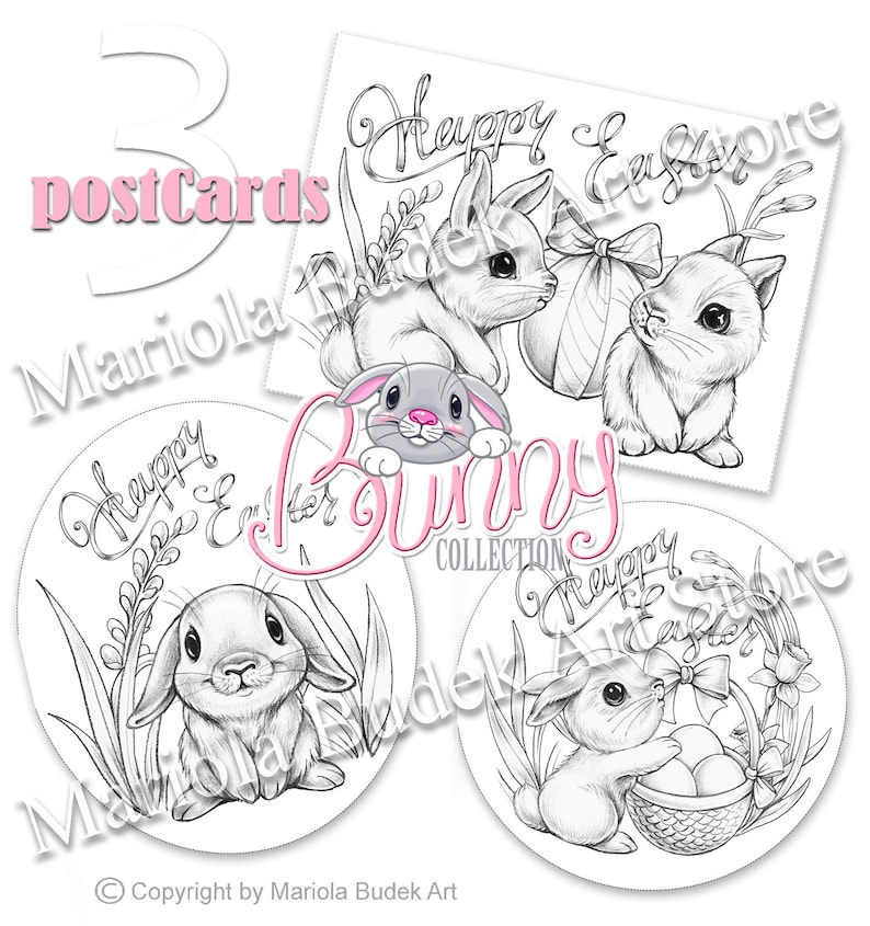 Bunny Collection Mariola Budek 3 Coloring Postcards Colouring Page Digi Stamp Digistamp Clip Art Card Making Craft Tools Bunny Easter image 1