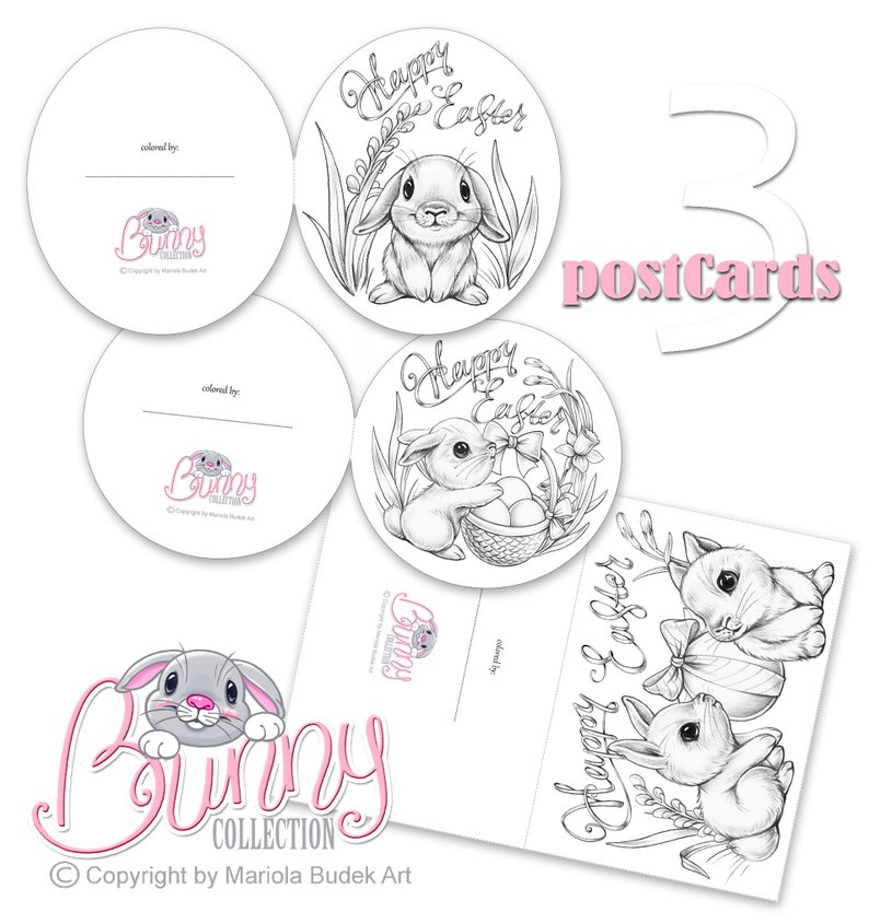 Bunny Collection Mariola Budek 3 Coloring Postcards Colouring Page Digi Stamp Digistamp Clip Art Card Making Craft Tools Bunny Easter image 2