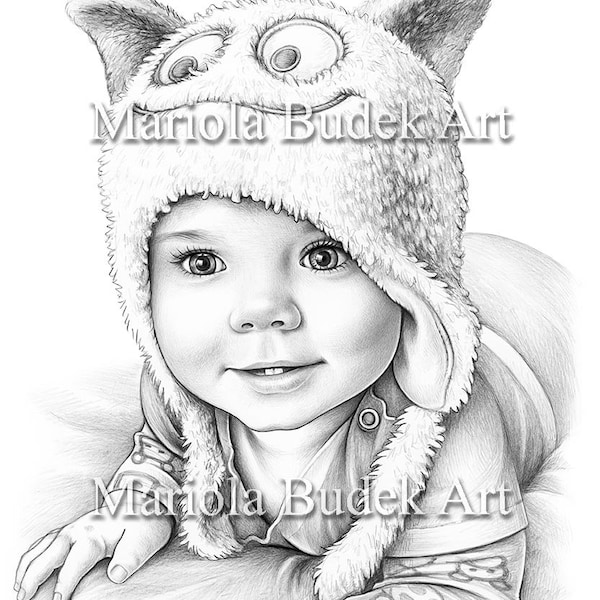 Portrait of Little Marcin | Mariola Budek - Premium Coloring Page | Printable Adult Women Colouring Pages Download Grayscale Ilustration PDF