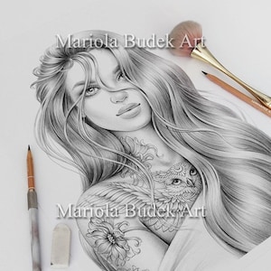 Yasmine | Mariola Budek - Coloriage premium | Livre de pages à colorier imprimables pour adultes tatouage téléchargement immédiat illustration en niveaux de gris PDF