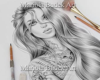 Yasmijn | Mariola Budek - Premium kleurplaat | Afdrukbare tattoo kleurplaten voor volwassenen boek direct downloaden grijswaarden illustratie-pdf