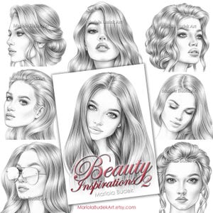 Beauty Inspirations 2 | Mariola Budek - Sketchbook | Printable Adult Coloring Pages Book Instant Download Grayscale Hairstyle Illustration