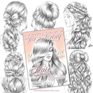 Hair Inspirations Romantic | Mariola Budek - Sketchbook | Printable Adult Coloring Pages Book Instant Download Grayscale Hairstyle PDF
