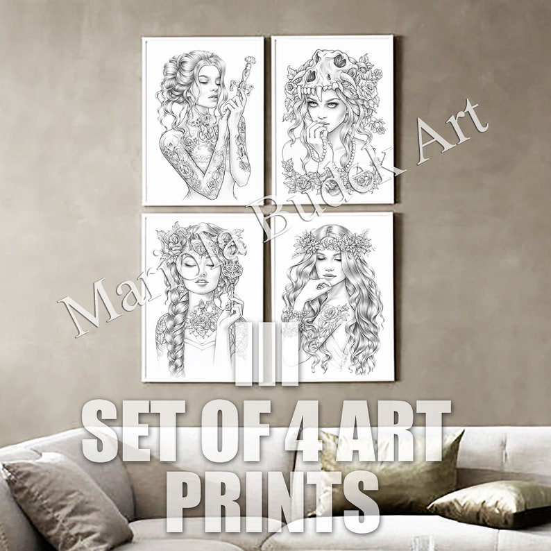 Set of 4 Art Prints III Mariola Budek High Quality Paper Print Wall Home Office Gallery Decor Frame Drawing Illustration Gift Tattoo image 2
