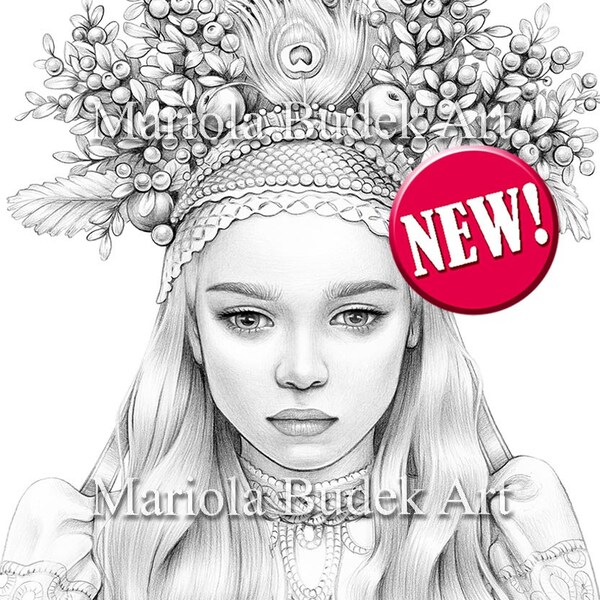 Jagna | Mariola Budek - Premium Coloring Page | Printable Adult Women Colouring Pages Book Instant Download Grayscale Ilustration PDF JPG