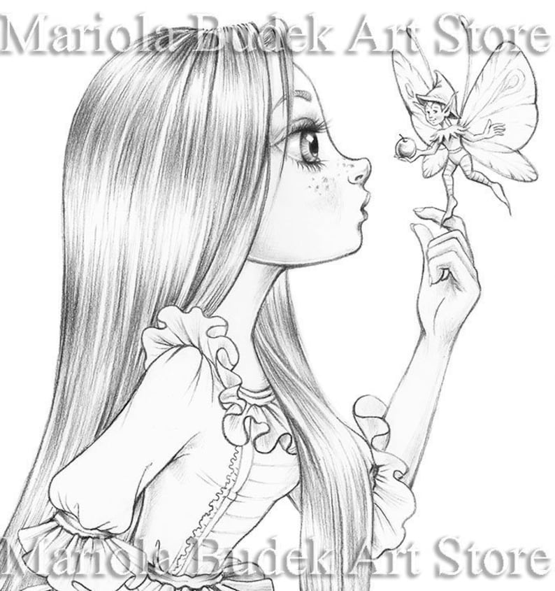 Peter Pan | Mariola Budek - Coloring Page | Printable Adult Kids Cute Fantasy Fairy Colouring Pages Instant Download Grayscale Illustration 