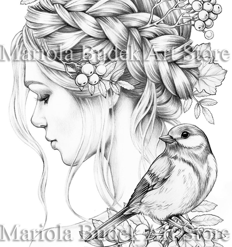 Rowana | Mariola Budek - Premium Coloring Page | Printable Adult Colouring Pages Book Instant Download Grayscale Illustration PDF 