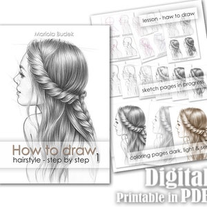 How to Draw - Hairstyle 1 | Mariola Budek - Sketchbook | Printable Adult Coloring Pages Book Instant Download Grayscale Illustration PDF