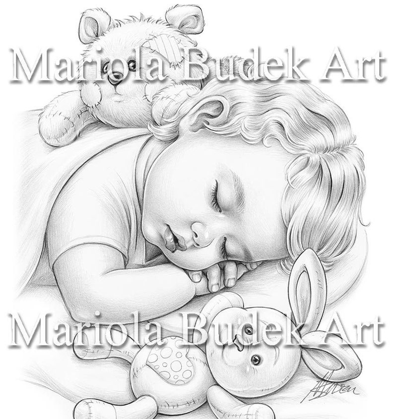 Sweet Dreams Mariola Budek Premium Coloring Page Printable Adult Women Colouring Pages Instant Download Grayscale Ilustration PDF JPG image 1