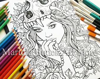 Pearl in roses | Mariola Budek - Coloring Page | Printable Adult Colouring Page Book Instant Download Grayscale Lineart Illustration PDF