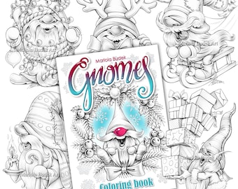 Gnomes | Mariola Budek - Coloring Book | Printable Adult Kids Colouring Pages Instant Download Grayscale Christmas Winter Illustration PDF