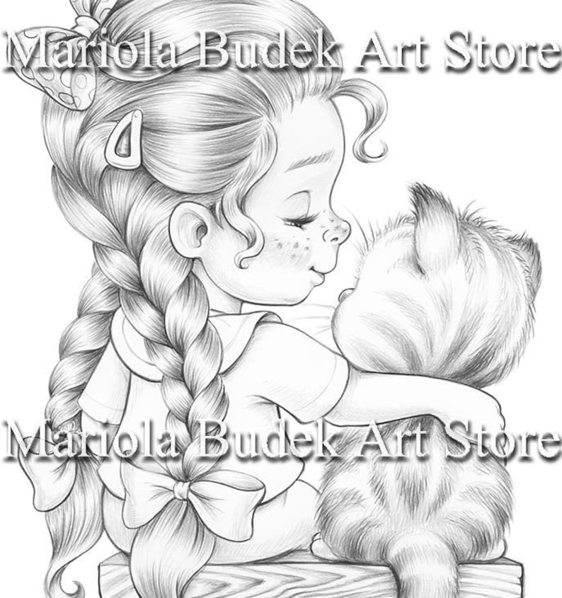 May include: A black and white line drawing of a young girl with long braided hair and a cat. The girl is wearing a simple dress and has a bow in her hair. The cat is sitting next to her and looking up at her. The drawing is titled "Mariola Budek Art Store".
