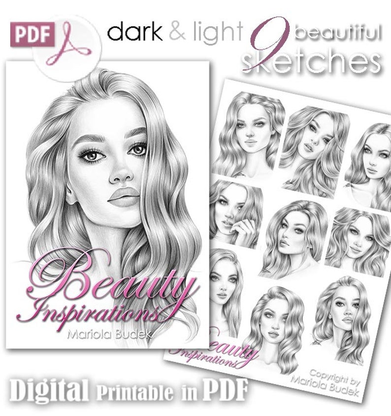 Beauty Inspirations | Mariola Budek - Sketchbook | Printable Adult Coloring Pages Book Instant Download Grayscale Hairstyle Illustration 