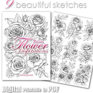 以下が含まれることがあります： 白黒の印刷可能なバラの花のスケッチ9つ。セットのタイトルは「Roses Flower Inspirations」です。