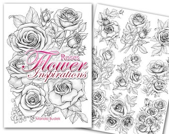 Puede incluir: Nueve bocetos de rosas imprimibles en blanco y negro. El título del conjunto es "Roses Flower Inspirations".