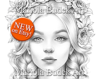 Scarlett | Mariola Budek - Premium Coloring Page | Printable Adult Women Colouring Pages Book Instant Download Grayscale Ilustration PDF JPG