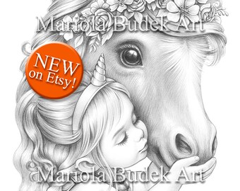 Will You Be My Unicorn | Mariola Budek - Premium Coloring Page | Printable Adult Colouring Pages Book Download Grayscale Ilustration PDF JPG