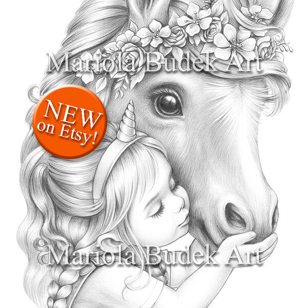 Will You Be My Unicorn | Mariola Budek - Premium Coloring Page | Printable Adult Colouring Pages Book Download Grayscale Ilustration PDF JPG