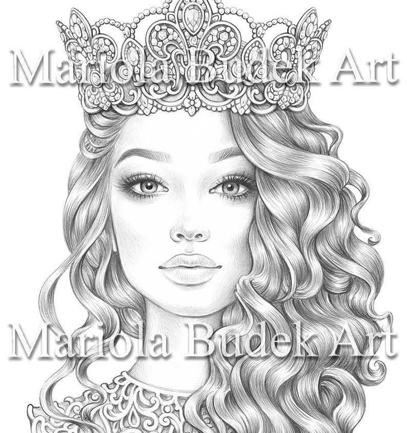 Queen | Mariola Budek - Premium Coloring Page | Printable Adult Colouring Pages Book Instant Download Grayscale Illustration PDF 