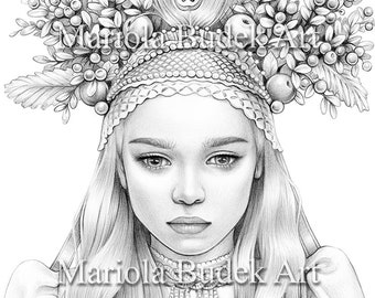 Jagna | Mariola Budek - Premium Coloring Page | Printable Adult Women Colouring Pages Book Instant Download Grayscale Ilustration PDF JPG