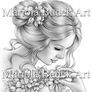Juicy Bloom | Mariola Budek - Premium Coloring Page | Printable Adult Women Colouring Pages Book Instant Download Grayscale Ilustration PDF