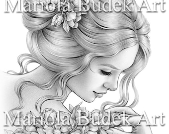 May include: A black and white pencil drawing of a woman with long hair styled in a bun with flowers. The woman is looking down at a floral design on her shoulder.