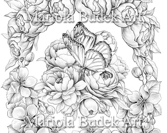 Butterfly | Mariola Budek - Premium Coloring Page | Printable Adult Women Colouring Pages Book Instant Download Grayscale Ilustration PDF