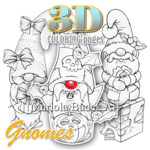 3D Coloring Gnomes | Mariola Budek - 3 Paper Figurine | Printable Craft Kids Cute Colouring Pages Instant Download Illustration PDF DIY