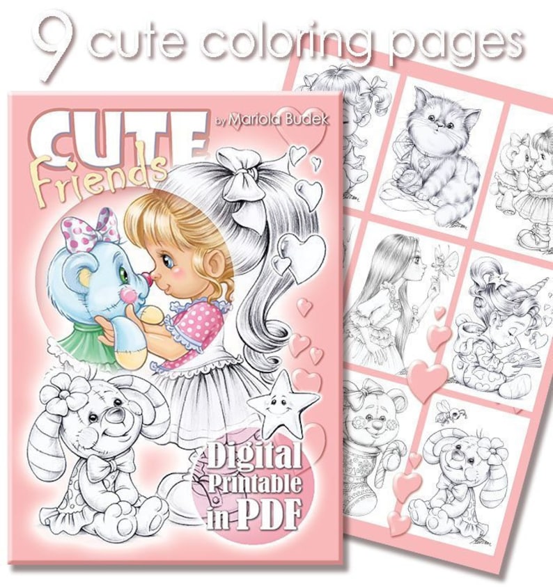 Cute Friends | Mariola Budek - Coloring Book | Printable Adult Kids Colouring Pages Instant Download Grayscale Lineart Illustration PDF 