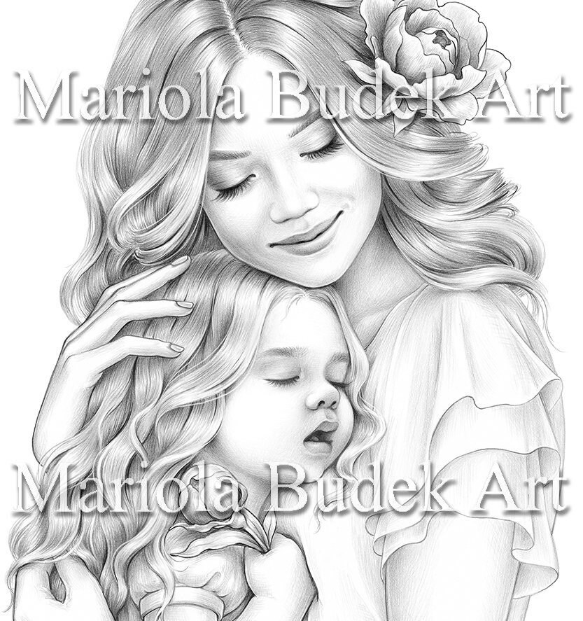My Little Angel | Mariola Budek - Premium Coloring Page | Printable Adult Women Colouring Pages Book Instant Download Grayscale Ilustration