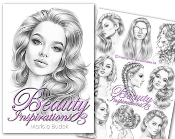 Beauty Inspirations 3 | Mariola Budek - Sketchbook | Printable Adult Coloring Pages Book Instant Download Grayscale Hairstyle Illustration