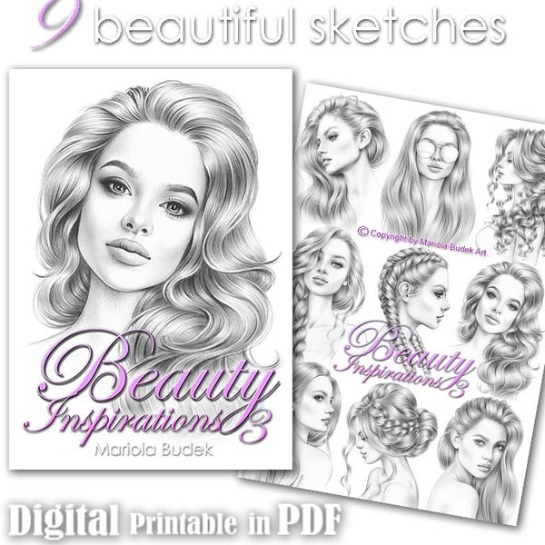 Inspiration Beauté 3 | Mariola Budek - Carnet de croquis | Coloriages adultes imprimables livre Téléchargement instantané Illustration de coiffure en niveaux de gris